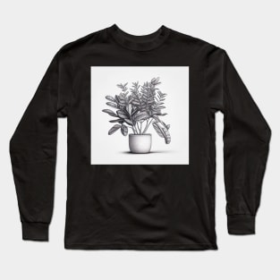 Black and White Detailed ZZ Plant Drawing Illustration Long Sleeve T-Shirt